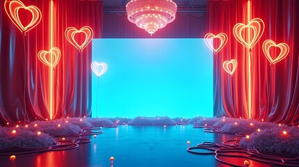 High-Tech Party Scene – Cyber Heart Balloons, Neon Blue Backdrop, Orange Metallic Drapes & LED Glow – Empty Space for Custom Text, Digital Banners & Event Graphics