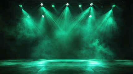 Illuminated stage with intense green spotlights for live shows