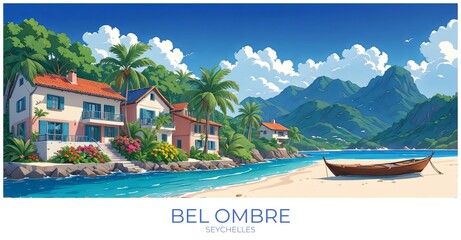 Bel ombre Seychelles Travel Poster Flat Illustration Print Decor Gift Canvas Wall Art