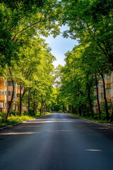 Obraz premium A wide asphalt road stretching between modern apartment buildings, lined with lush green trees on both sides, bathed in bright sunlight on a warm summer day 