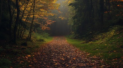 Naklejka premium Misty autumn forest path with fallen leaves.