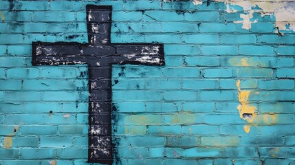 Simple cross graffiti on a turquoise wall
