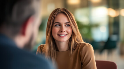 Young woman with long blonde hair and brown eyes is sitting across from HR manager during their job interview process