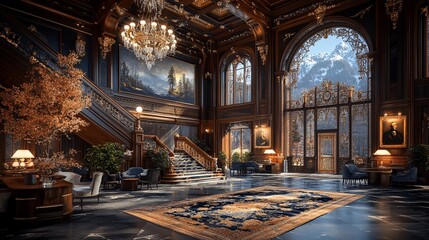 Fototapeta premium Grand opulent living room with elegant decor, dramatic staircase, and mountain view through large windows