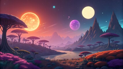 Fototapeta premium Alien planet landscape with two suns vibrant colo