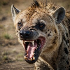 A fierce hyena baring its teeth in a defensive stance, fully isolated on white.