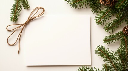 Obraz premium Festive Holiday Card with Pine Branches and Twine Bow on White Background