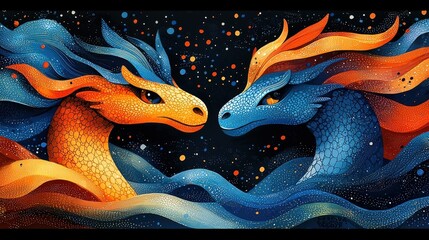 Colorful Abstract Dragons Facing Each Other in a Cosmic Background of Swirling Patterns