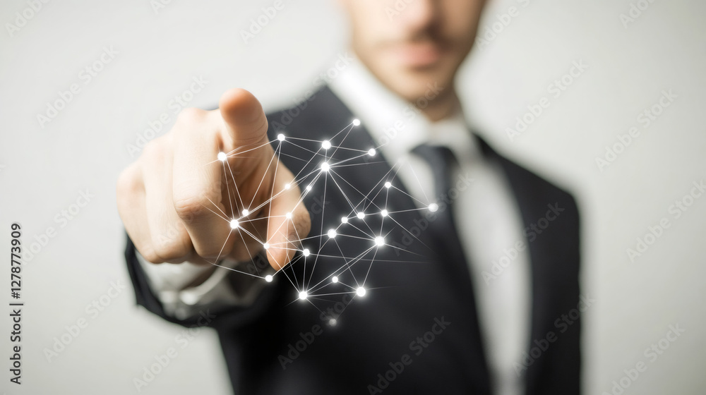 Fototapete business professional gesturing while connecting digital network dots, symbolizing technological inn