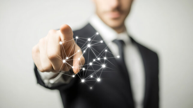 Business professional gesturing while connecting digital network dots, symbolizing technological innovation and transformative connectivity