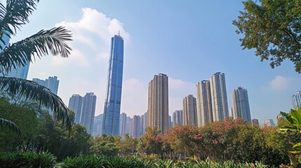 Modern city skyline viewed from a lush park with green trees and flowering plants under a clear blue sky.