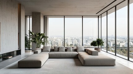 A stylish living room with a large sectional sofa, minimalist decor, and floor-to-ceiling windows