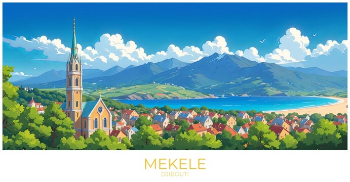 Mekele Djibouti Travel Poster Flat Illustration Print Decor Gift Canvas Wall Art