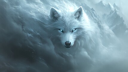 Obraz premium Majestic White Wolf in Snowy Mountains Fantasy Art
