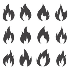 Fire flames, set vector icons isolated on white background