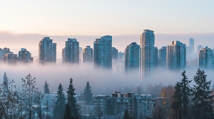 Naklejka premium A foggy morning skyline with emerging high-rise buildings