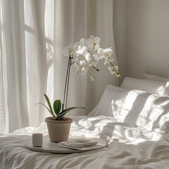 Naklejka premium White Orchid on a Bed in Sunlight. Possible use Interior design inspiration