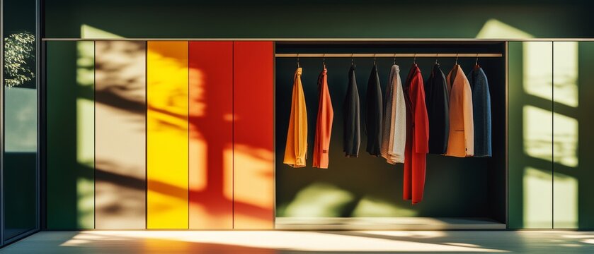 In a sunlit modern closet, colorful suits hang in an elegantly organized fashion, showcasing a chic array of style and careful wardrobe selection.
