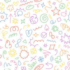 A vibrant seamless pattern featuring colorful hand-drawn doodles showcasing various playful and whimsical designs, perfect for creative backgrounds and artistic projects. Square vector template