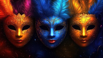 Colorful Masks with Feathers in a Dark Mystical Background for Festive Celebrations