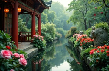 Serene traditional Chinese garden with a pond, red pavilion, lush greenery, and vibrant flowers