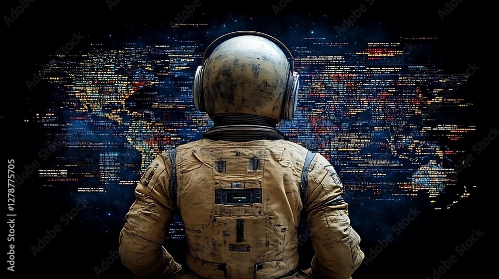 Poster astronaut with headset facing a luminous digital display with codes and data streams