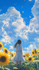 ひまわり畑にいるポニーテールの女の子