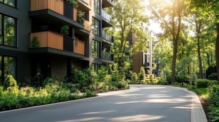 Wide asphalt road runs between modern apartment buildings. Green trees line both sides of road creating tranquil urban landscape. Bright sunlight illuminates scene creating warm summer day