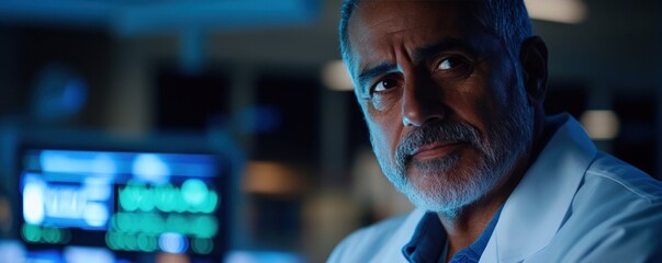 Fototapeta premium Serious doctor in lab, monitors in background, healthcare