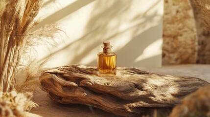 Fototapeta premium podium natural plant cosmetic mockup wellness products display. Amber Essential Oil Bottle on Driftwood, Desert Setting.