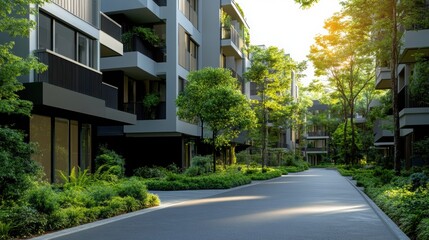 Wide asphalt road runs between modern apartment buildings. Green trees line both sides of road creating tranquil urban landscape. Bright sunlight illuminates scene creating warm summer day