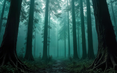 Mystical Foggy Forest with Tall Trees and Eerie Atmosphere in Morning Light (8)