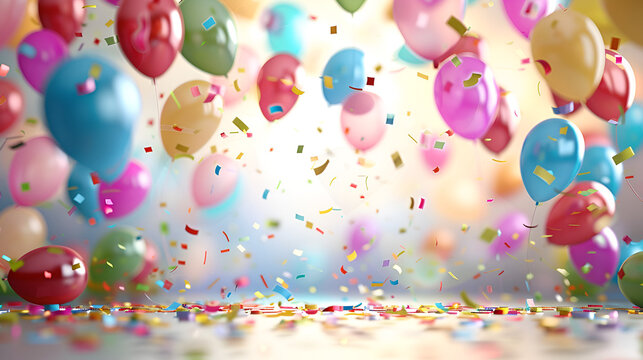 Brightly colored balloons, confetti, and presents set against a colorful background. Perfect for a cheerful birthday party scene. Generative AI
