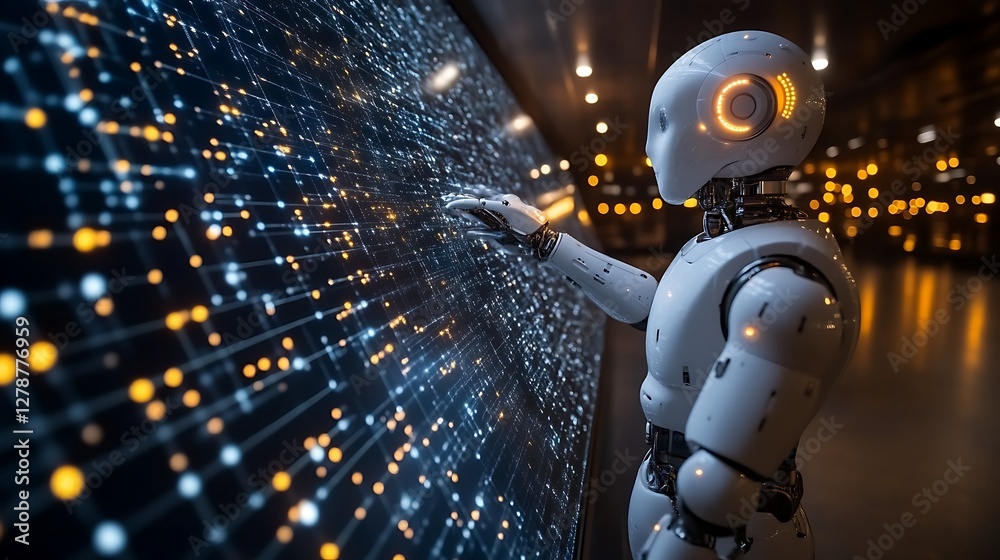 Poster a white robot interacts with a digital interface displaying a complex network of lights