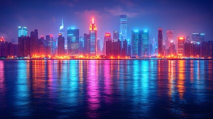 Fototapeta premium Futuristische Skyline mit Neonlichtern und Reflexionen auf dem Wasser bei Nacht 