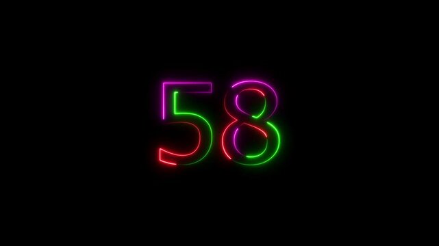  A dynamic  animation, and glowing neon number 58 animation . on a black background.and creating a stunning 4k video.