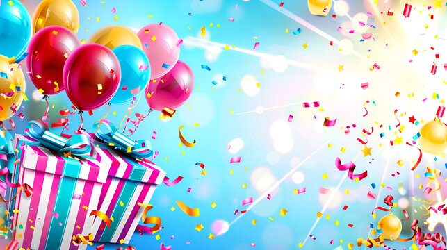 Festive image of a birthday party with colorful balloons, confetti, and presents against a blue background. Generative AI
