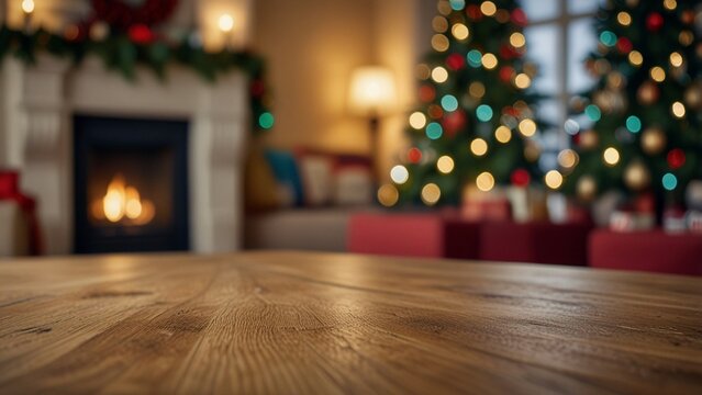 Empty wooden table top with blurred background of family room with christmas theme. The focus is on the table surface.