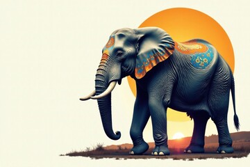 Fototapeta premium Ornate Elephant Silhouette at Sunset, Majestic Beast Adorned with Vibrant Textile