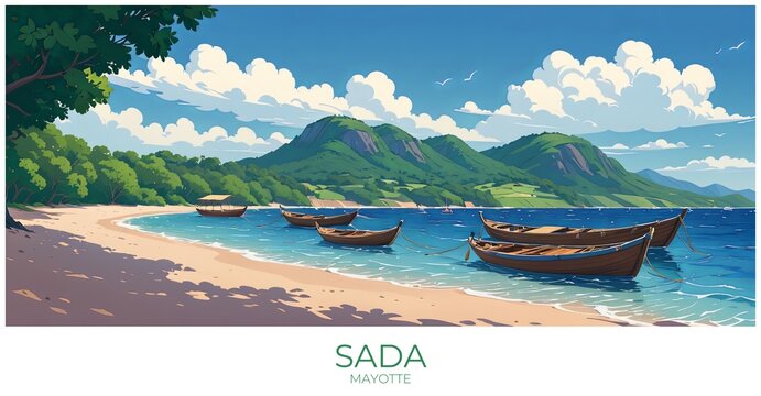 Sada Mayotte Travel Poster Flat Illustration Print Decor Gift Canvas Wall Art