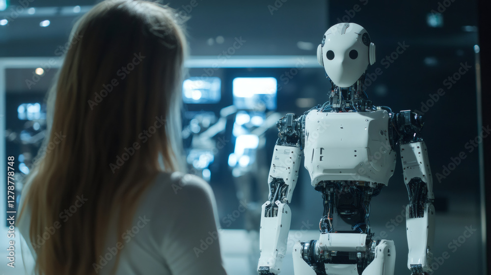 Poster Female engineer interacting with a humanoid robot in a high tech laboratory, concept of artificial intelligence and robotics
