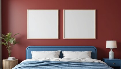 Modern bedroom interior with red walls, blue bed, two empty frames, plant, and lamp for design inspiration