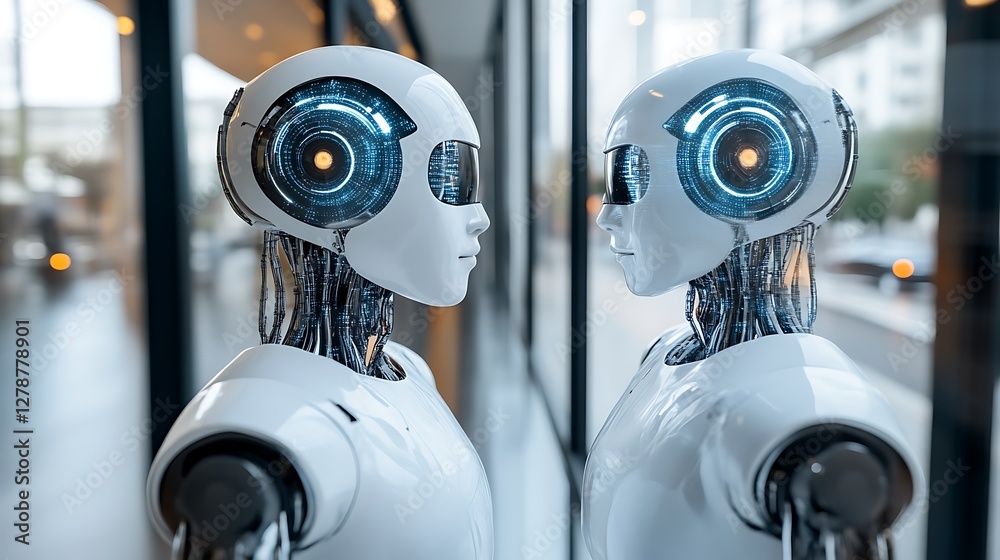Poster two humanoid robots with illuminated eyes facing each other in a futuristic setting