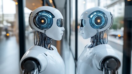 Fototapeta premium Two humanoid robots with illuminated eyes facing each other in a futuristic setting