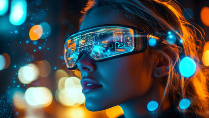 Futuristic Woman with Neon Reflections and Digital Data Flowing in Office Environment