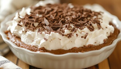 Close up of a chocolate pudding dessert in a white ramekin. The pudding is a rich brown color and topped with a thick layer of whipped cream, and decorative pieces of chopped dark chocolate. The