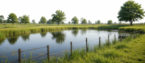 Serene Pond Landscape Green Trees Grassy Field and Rustic Fence