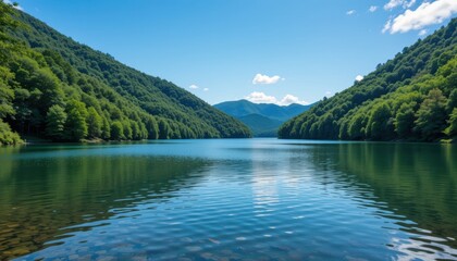 Serene Lake Surrounded by Lush Green Mountains Under a Clear Blue Sky with Reflections on Tranquil Water Surface