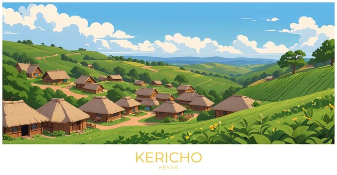 Kericho Kenya Travel Poster Flat Illustration Print Decor Gift Canvas Wall Art