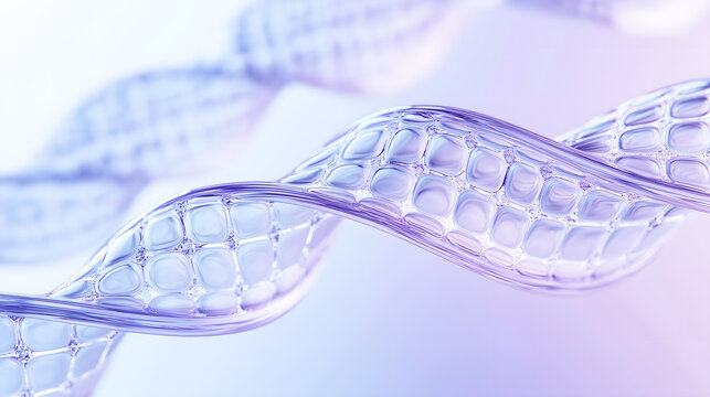 A close-up view of a transparent, twisting abstract structure resembling a DNA double helix with a grid-like pattern, rendered in shades of purple and blue.